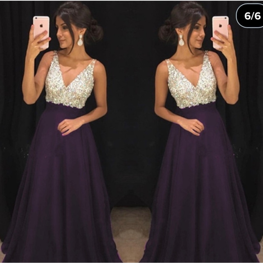 New Vogue Purple Sequin Formal V-neck Sleeveless Elegant Maxi Evening Dress XL